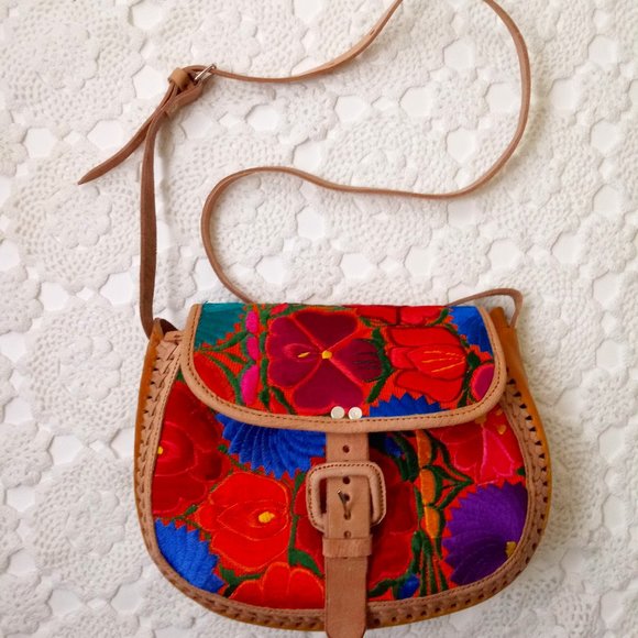 unbranded Handbags - Crossbody Leather Purse Floral Embroidered Saddle Bag Colorful Boho Buckle Strap